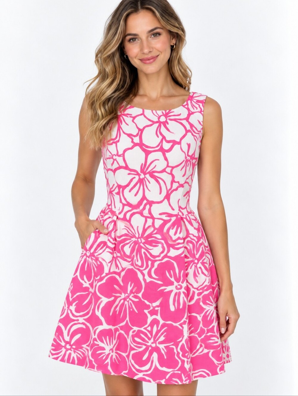 Lilly Pulitzer Bella Dress M Pink Strike a Posie Floral Fit Flare Pink White
